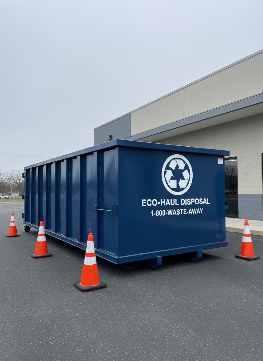 A sturdy, modern roll-off dumpster with a smooth steel exterior painted in a crisp, deep blue, prominently displaying a bold, legible company logo and contact number along the side. It is positioned on level asphalt beside a low-rise commercial building with clean, neutral-colored walls, orange safety cones neatly placed around it. Diffused overcast daylight softens reflections on the metal and reduces harsh shadows, creating an even, professional look. Photographic realism from a slightly low angle makes the container appear dependable and substantial, while the background is gently blurred to keep focus on the dumpster. The mood is efficient, organized, and businesslike, ideal for illustrating commercial waste disposal services.