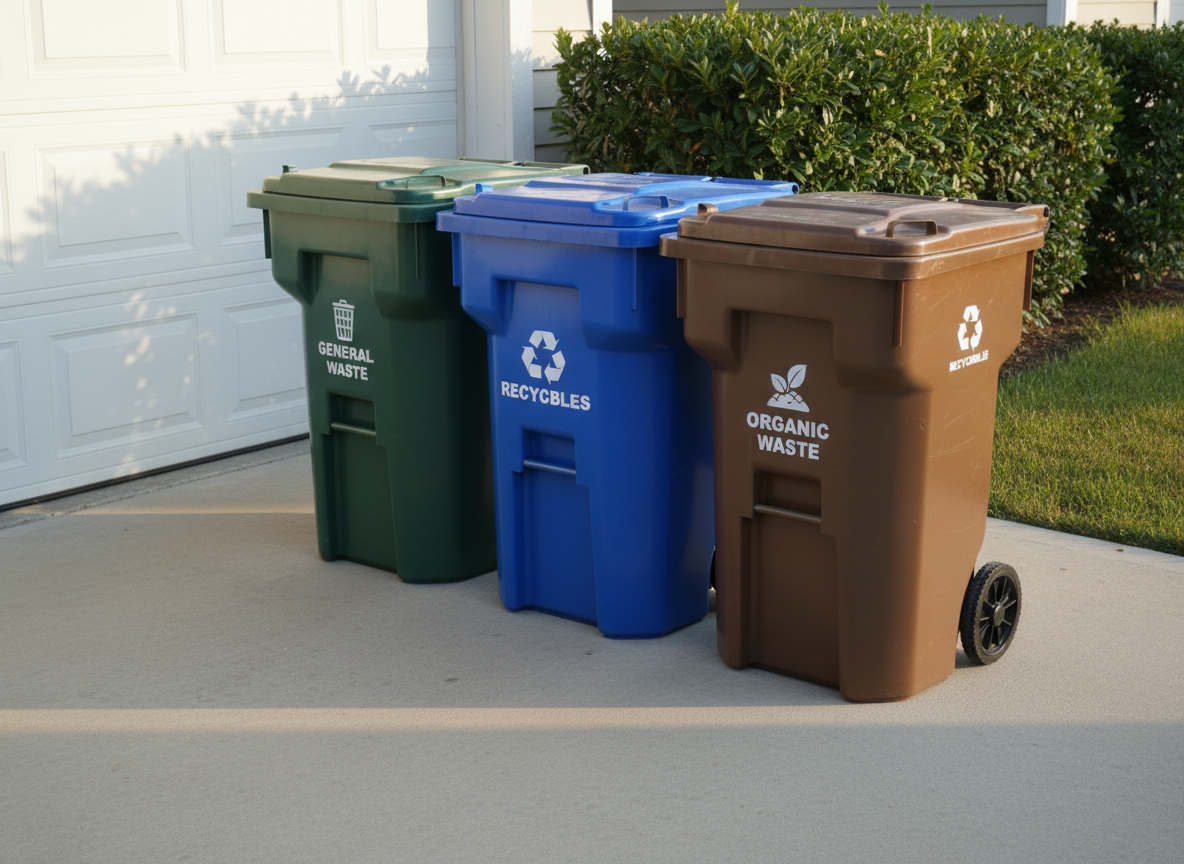 A meticulously arranged set of waste sorting containers—one dark green for general waste, one bright blue for recyclables, and one brown for organic waste—constructed from smooth, durable plastic with matte finishes, each featuring large, easy-to-read icons. They sit on a clean, light-gray concrete surface beside a modest residential garage door, with a tidy row of hedges framing the scene. Late afternoon sunlight casts soft, directional light that produces gentle shadows and subtle highlights along the bin edges. Photographic realism with a slightly elevated, three-quarter angle showcases clear labeling and accessibility. The overall mood is orderly and educational, conveying responsible, affordable residential waste disposal that is simple to understand and use.