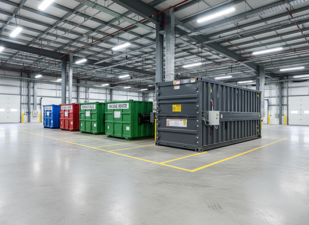 An interior view of a well-organized waste transfer area featuring a heavy-duty steel compactor with a smooth, dark gray finish and clearly marked safety decals, flanked by labeled metal containers for different types of commercial waste. The concrete floor is clean, with yellow safety lines crisply painted, and a high industrial ceiling with exposed beams overhead. Bright, cool-toned LED lighting illuminates the scene evenly, minimizing shadows and highlighting the machinery’s sharp edges and solid construction. Captured in photographic realism from a slightly wide, eye-level perspective, the composition keeps all equipment in sharp focus. The atmosphere feels efficient, safe, and highly professional, perfectly suited for illustrating behind-the-scenes reliability of a waste disposal company.